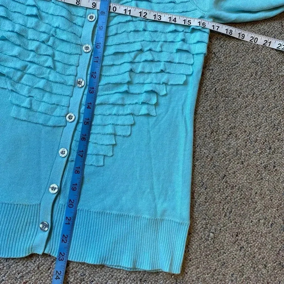 Y2K DKNY Jeans Women’s XS Knit Ruffle Sweater Cardigan Blue Stretch Lightweight - Picture 2 of 8